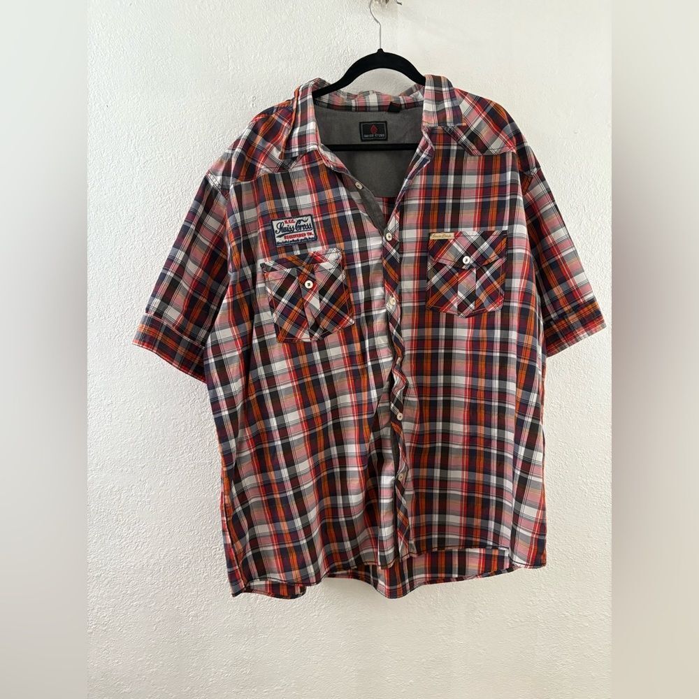 Swiss Cross Plaid Roll Up Sleeve Patch Pocket Embroidered Shirt Men's 3XL